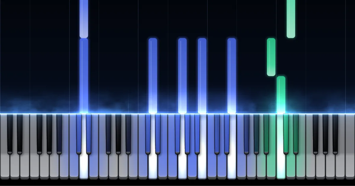 Preview of Gymnopédie No. 1: left-hand notes (blue) and right-hand notes (green) fall toward a piano keyboard.