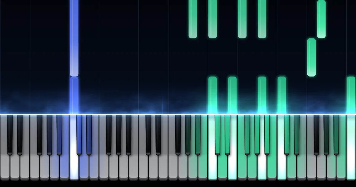 Aperçu de Gymnopédie n° 2 : les notes de la main gauche (en bleu) et de la main droite (en vert) descendent vers un clavier de piano.