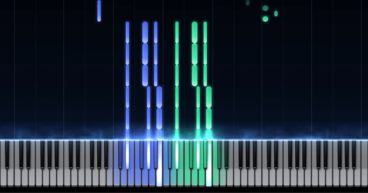 Aperçu de Impromptu op. 90 n° 4 en la bémol : les notes de la main gauche (en bleu) et de la main droite (en vert) descendent vers un clavier de piano.
