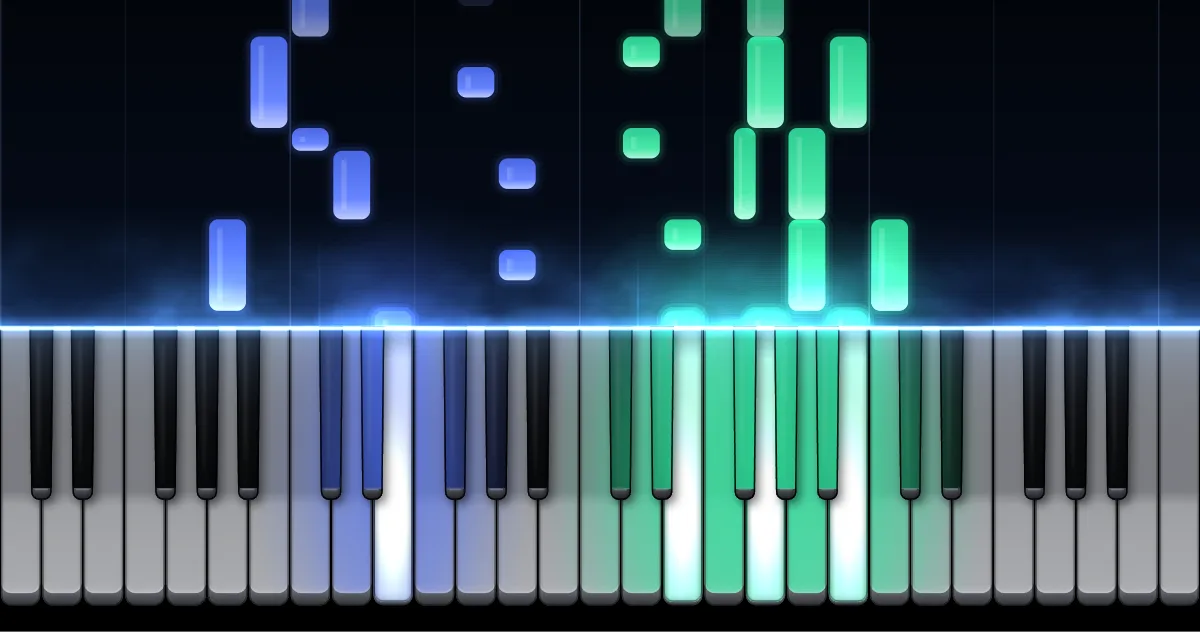 Aperçu de Scènes d’enfants n° 1 · Gens et pays lointains : les notes de la main gauche (en bleu) et de la main droite (en vert) descendent vers un clavier de piano.