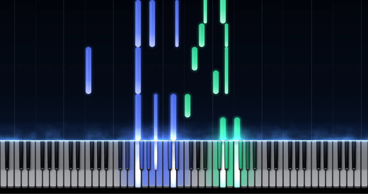 Aperçu de Magnetic Rag : les notes de la main gauche (en bleu) et de la main droite (en vert) descendent vers un clavier de piano.