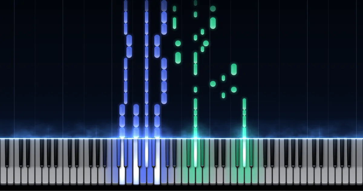Aperçu de Maple Leaf Rag : les notes de la main gauche (en bleu) et de la main droite (en vert) descendent vers un clavier de piano.
