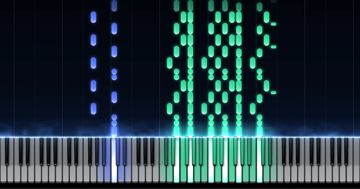 Preview of Military March No. 1: left-hand notes (blue) and right-hand notes (green) fall toward a piano keyboard.
