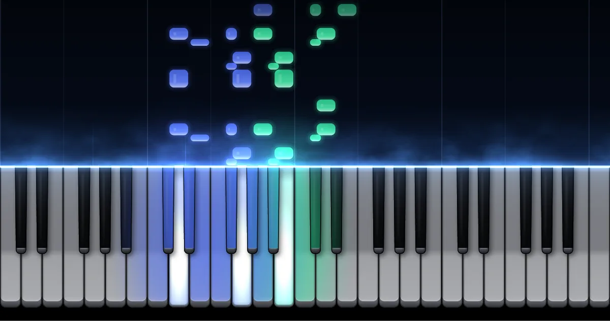 Preview of March of the Wooden Soldiers: left-hand notes (blue) and right-hand notes (green) fall toward a piano keyboard.