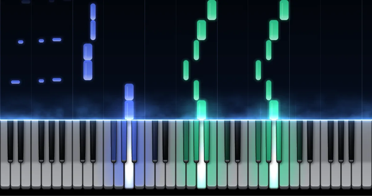 Aperçu de La Marche turque (Rondo alla Turca) : les notes de la main gauche (en bleu) et de la main droite (en vert) descendent vers un clavier de piano.