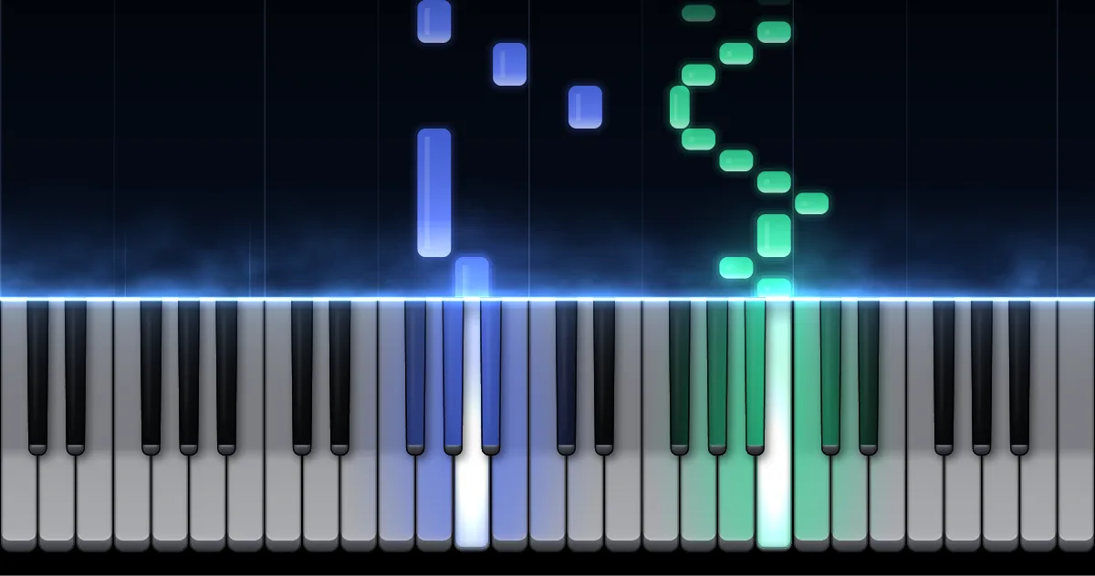 Aperçu de Menuet en sol majeur BWV Anh. 114 : les notes de la main gauche (en bleu) et de la main droite (en vert) descendent vers un clavier de piano.