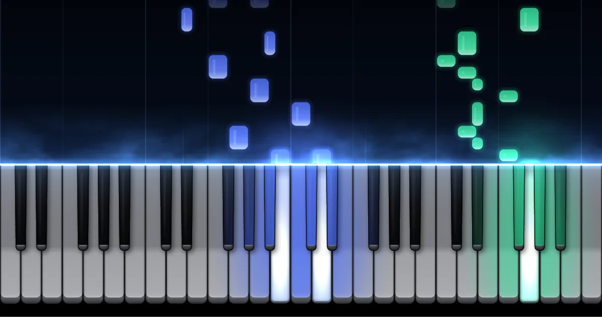 Aperçu de Menuet en sol mineur BWV Anh. 115 : les notes de la main gauche (en bleu) et de la main droite (en vert) descendent vers un clavier de piano.