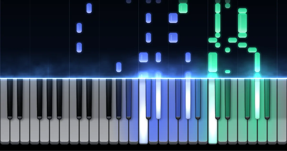 Aperçu de Moment musical n° 3 en fa mineur : les notes de la main gauche (en bleu) et de la main droite (en vert) descendent vers un clavier de piano.