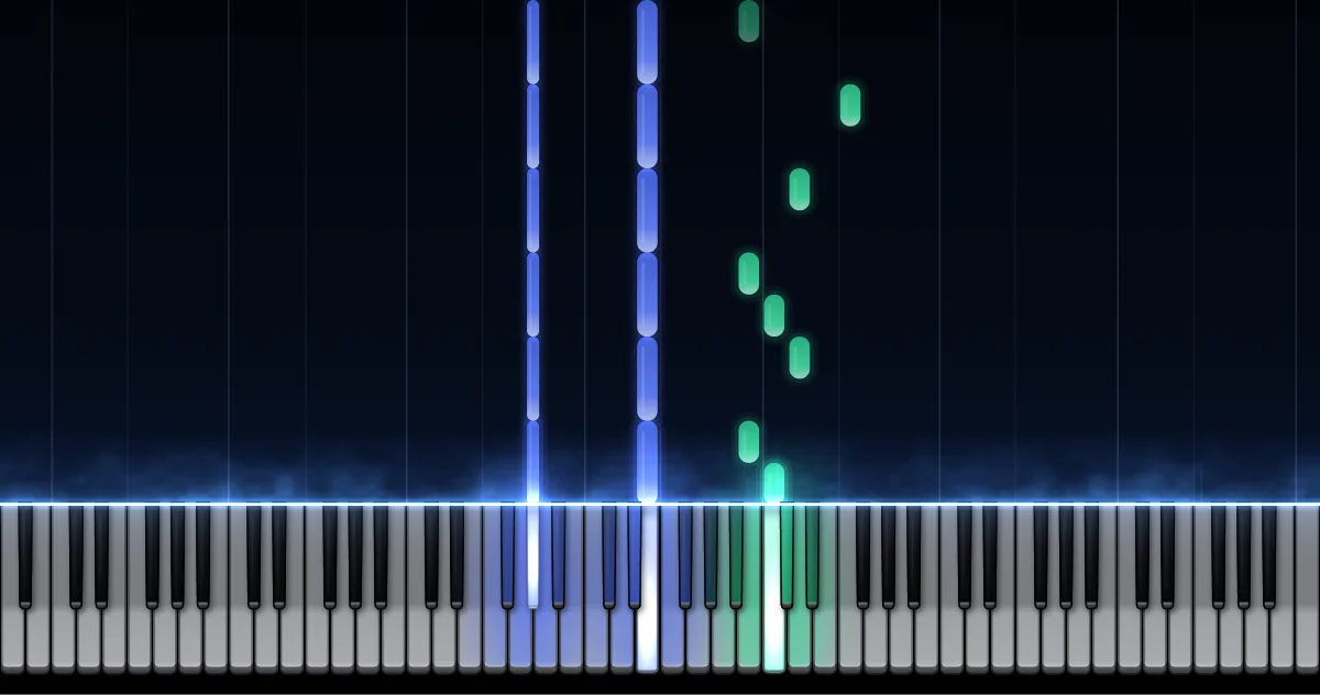 Preview of Fantasia in D minor K. 397: left-hand notes (blue) and right-hand notes (green) fall toward a piano keyboard.