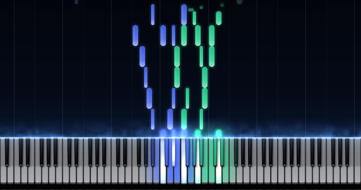 Aperçu de Nocturne op. 9 n° 2 : les notes de la main gauche (en bleu) et de la main droite (en vert) descendent vers un clavier de piano.
