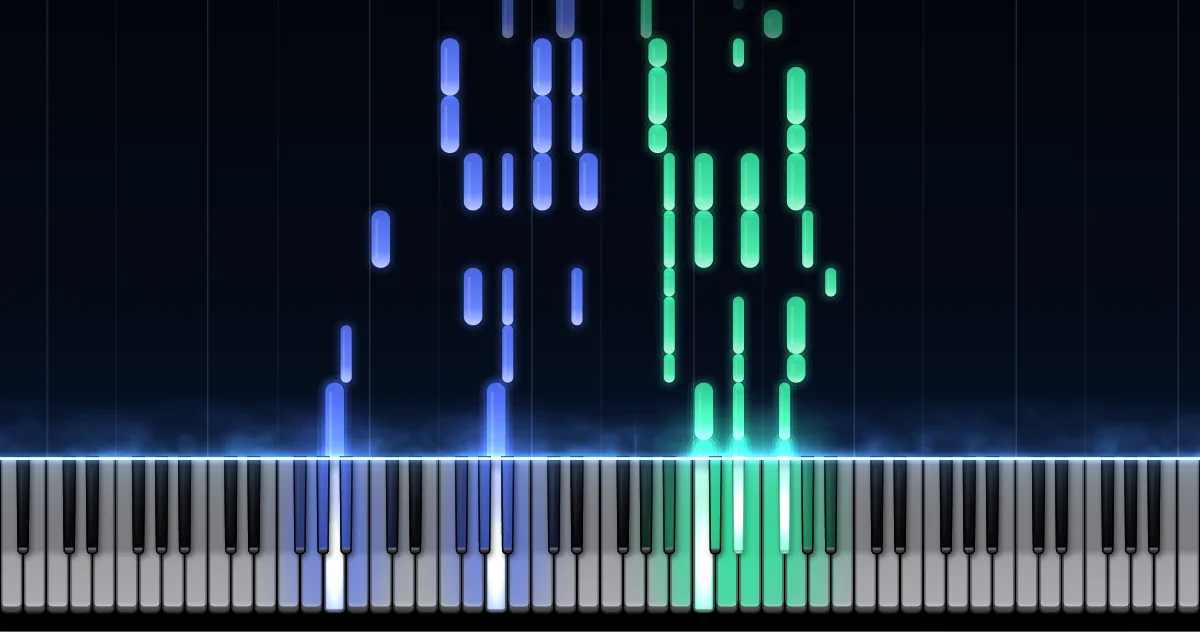 Aperçu de Peacherine Rag : les notes de la main gauche (en bleu) et de la main droite (en vert) descendent vers un clavier de piano.