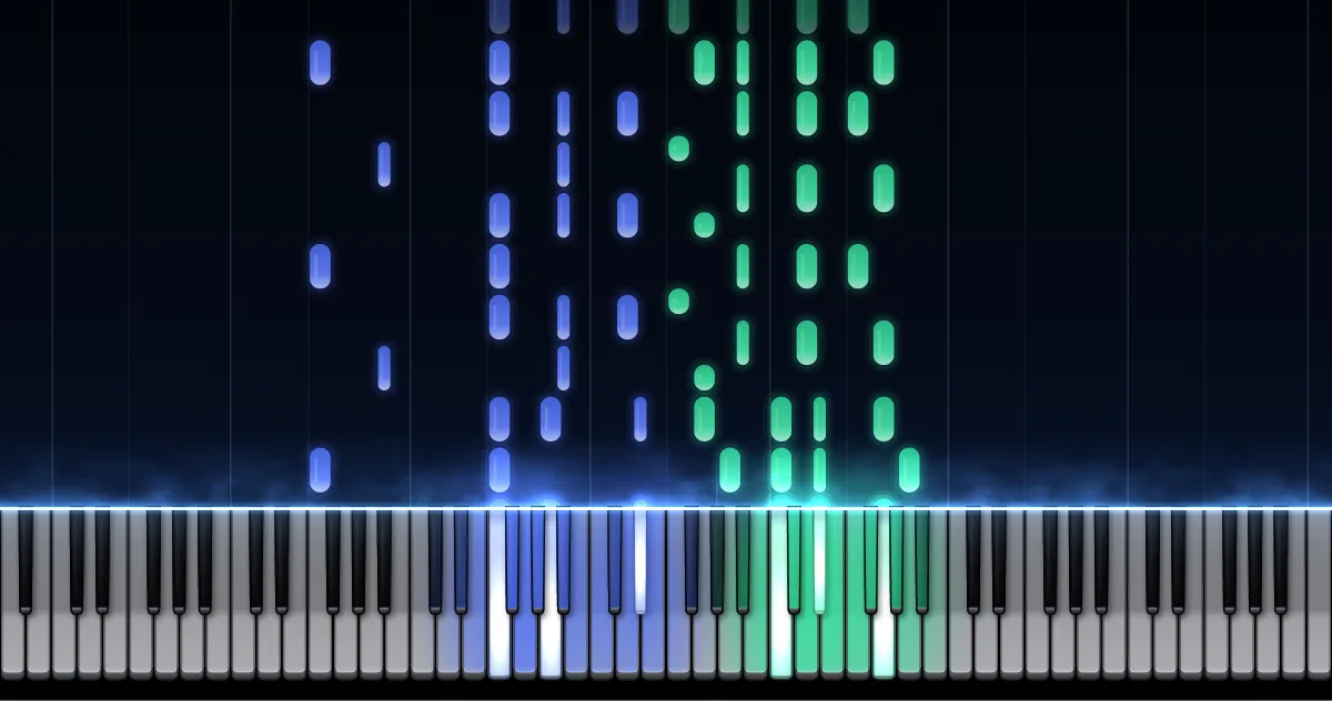 Aperçu de Pineapple Rag : les notes de la main gauche (en bleu) et de la main droite (en vert) descendent vers un clavier de piano.