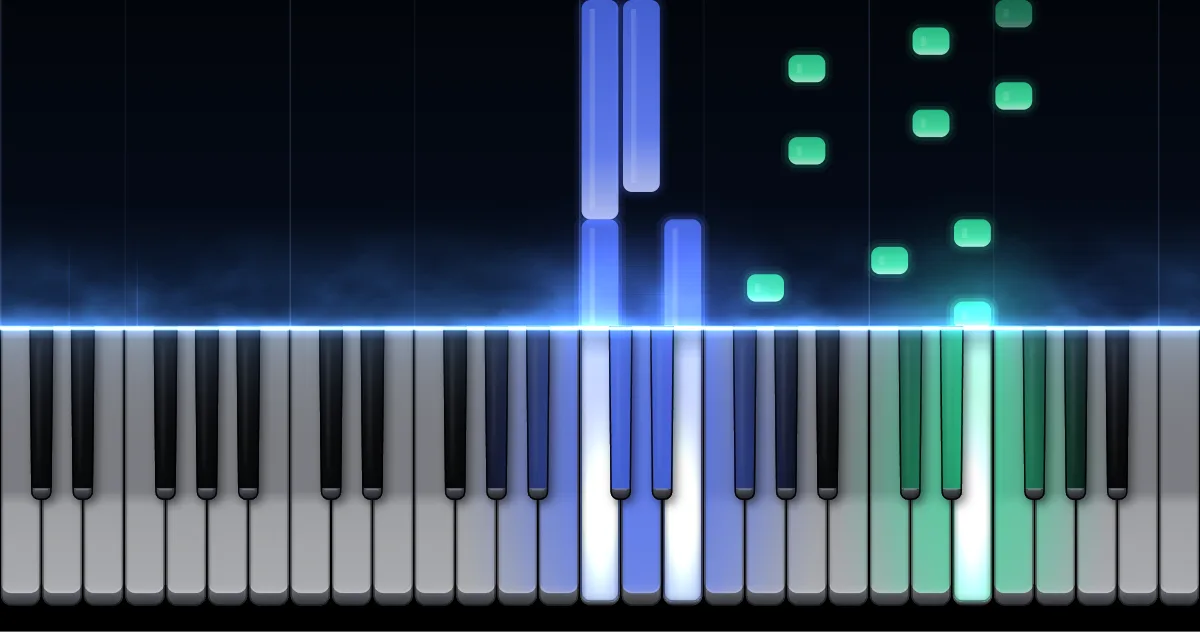 Aperçu de Prélude en do majeur BWV 846 : les notes de la main gauche (en bleu) et de la main droite (en vert) descendent vers un clavier de piano.
