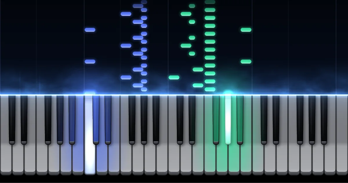 Aperçu de Prélude en do mineur BWV 847 : les notes de la main gauche (en bleu) et de la main droite (en vert) descendent vers un clavier de piano.