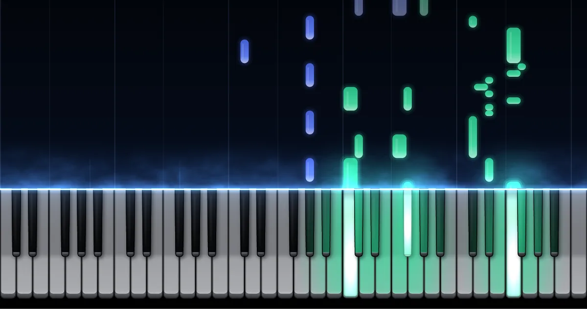 Aperçu de Prélude « La Goutte d'eau » op. 28 n° 15 : les notes de la main gauche (en bleu) et de la main droite (en vert) descendent vers un clavier de piano.