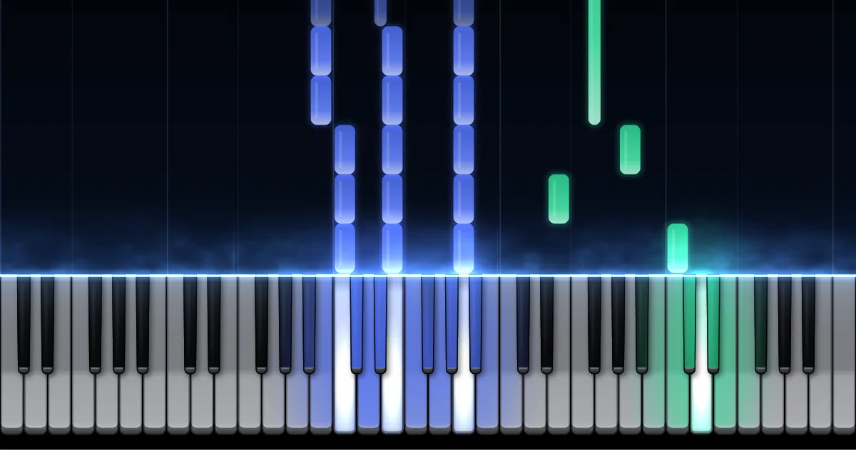 Preview of Prelude Op. 28 No. 4 in E minor: left-hand notes (blue) and right-hand notes (green) fall toward a piano keyboard.