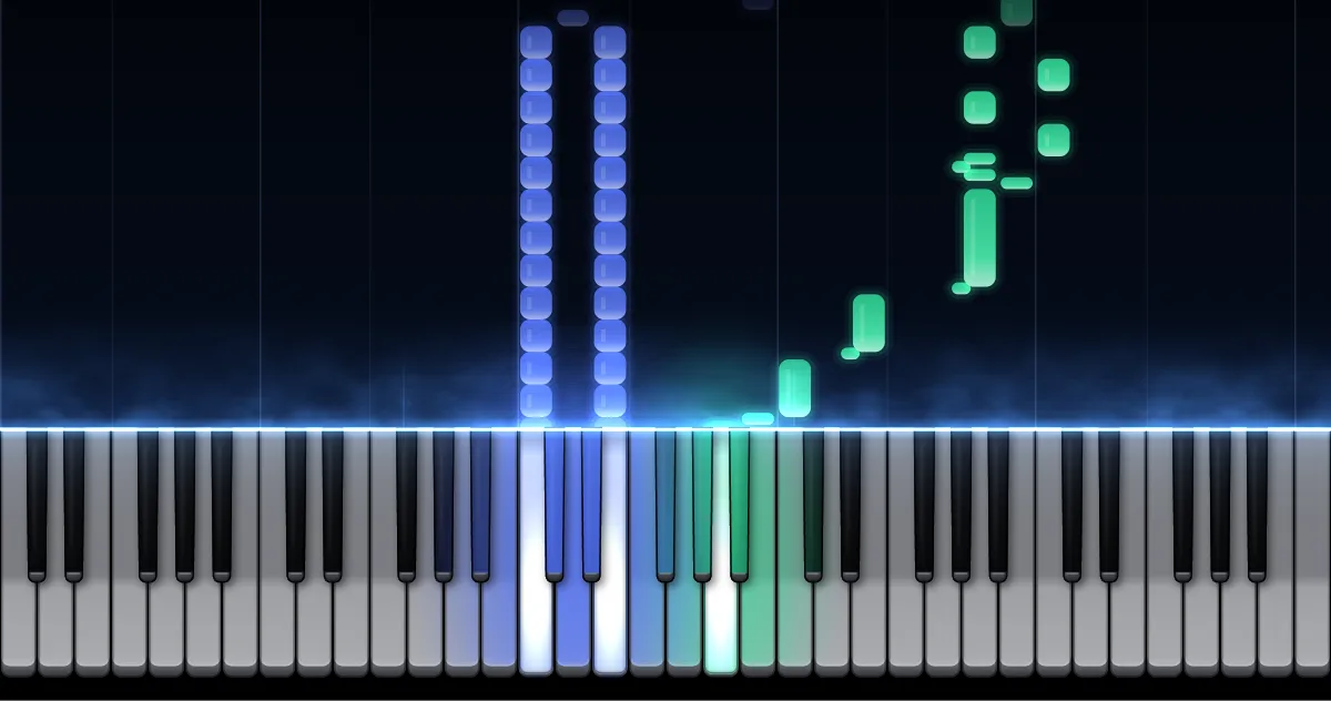 Preview of Sonata Facile K. 545 · 1st movement: left-hand notes (blue) and right-hand notes (green) fall toward a piano keyboard.