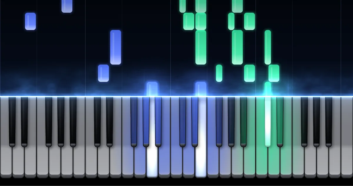 Aperçu de Sonate K. 331 · Thème (Andante grazioso) : les notes de la main gauche (en bleu) et de la main droite (en vert) descendent vers un clavier de piano.