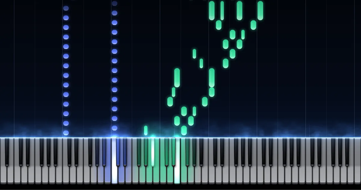 Aperçu de Sonate « Pathétique » · 1er mouvement : les notes de la main gauche (en bleu) et de la main droite (en vert) descendent vers un clavier de piano.