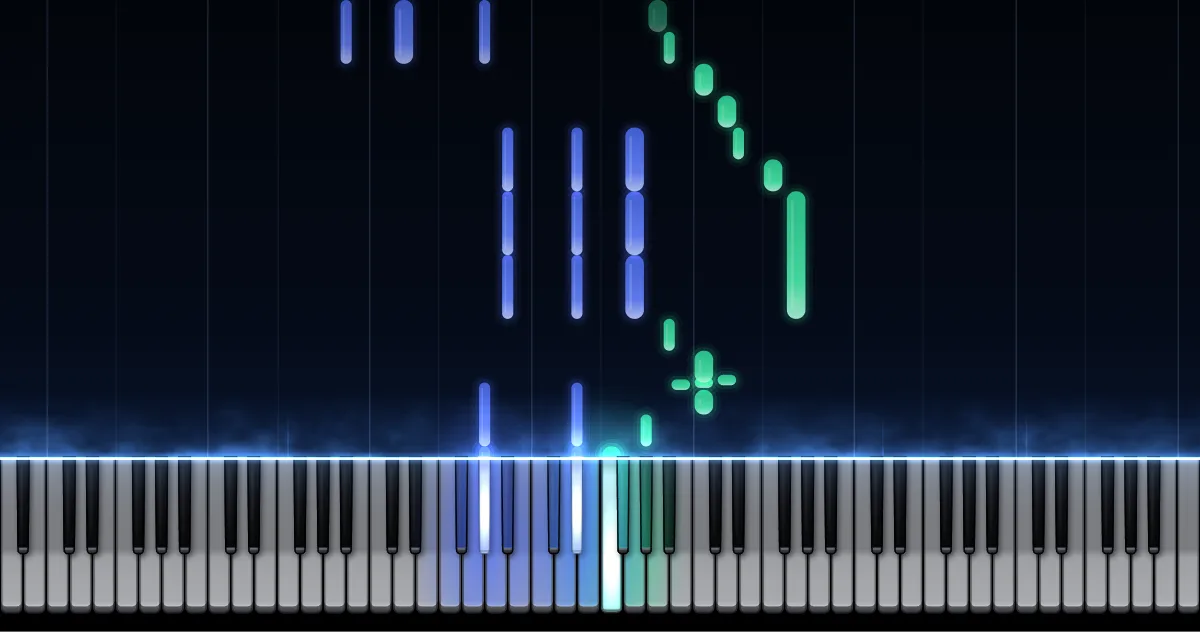 Preview of Sonata "Pathétique" · Adagio cantabile: left-hand notes (blue) and right-hand notes (green) fall toward a piano keyboard.