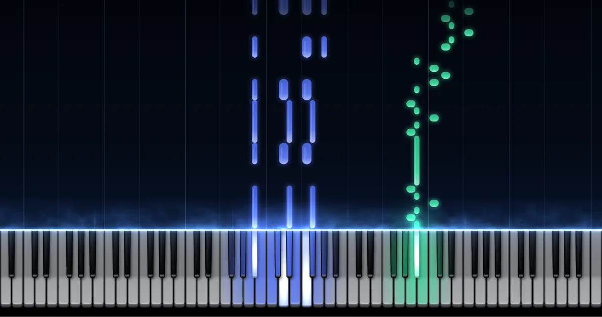 Preview of Sonata "Pathétique" · Rondo: left-hand notes (blue) and right-hand notes (green) fall toward a piano keyboard.