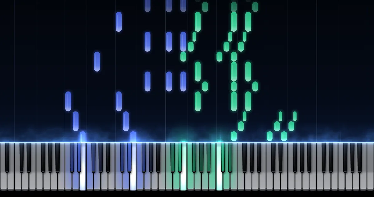 Aperçu de The Entertainer : les notes de la main gauche (en bleu) et de la main droite (en vert) descendent vers un clavier de piano.
