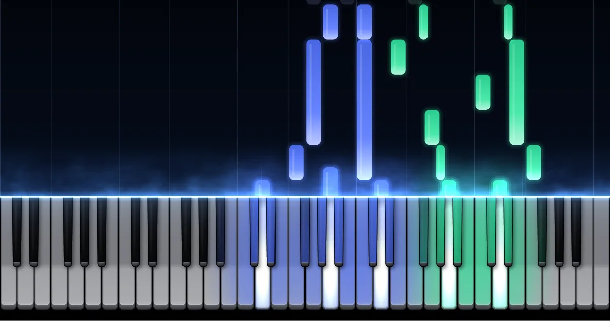 Aperçu de Träumerei (Rêverie) : les notes de la main gauche (en bleu) et de la main droite (en vert) descendent vers un clavier de piano.