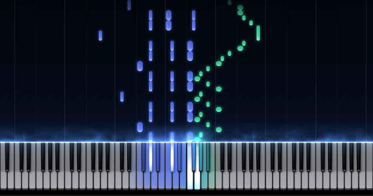Preview of Minute Waltz Op. 64 No. 1: left-hand notes (blue) and right-hand notes (green) fall toward a piano keyboard.