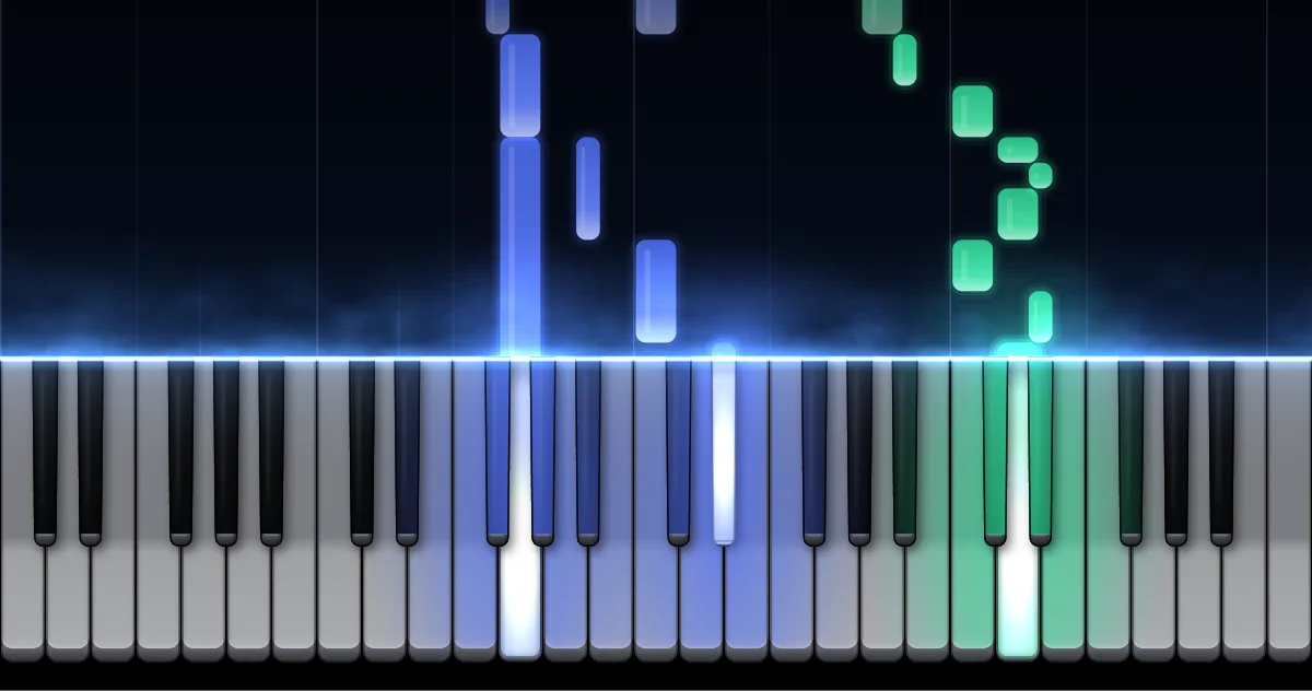 Aperçu de Vieille chanson française : les notes de la main gauche (en bleu) et de la main droite (en vert) descendent vers un clavier de piano.