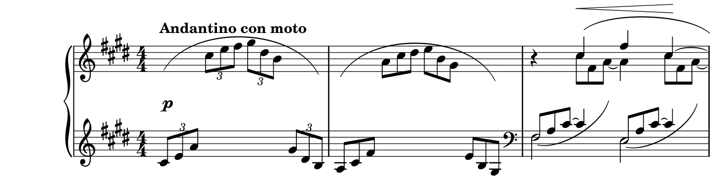 Début de la partition piano de la Première Arabesque, gravure du Mutopia Project
