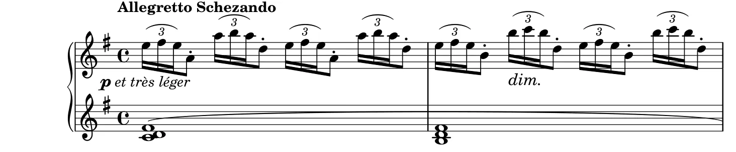 Début de la partition piano de la Deuxième Arabesque, gravure du Mutopia Project