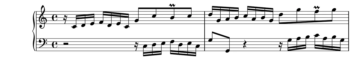 Début de la partition piano de l'Invention n° 1, gravure du Mutopia Project