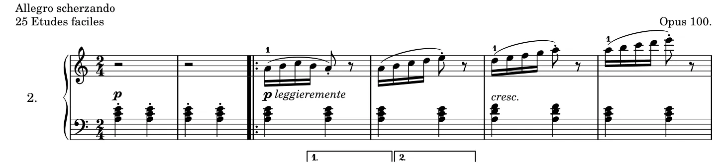 Début de la partition piano de l'Arabesque op. 100 n° 2, gravure du Mutopia Project