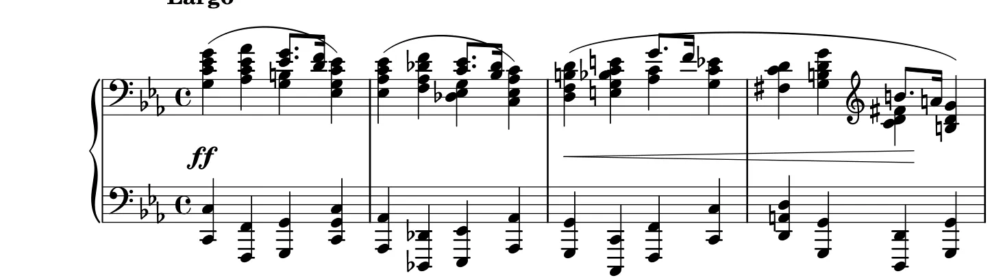 Début de la partition piano du Prélude op. 28 n° 20, gravure du Mutopia Project