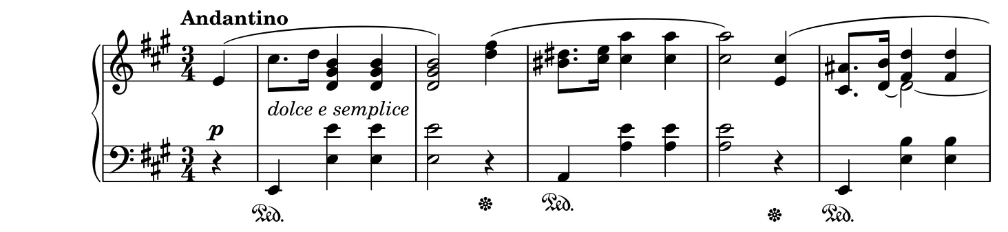 Début de la partition piano du Prélude op. 28 n° 7, gravure du Mutopia Project