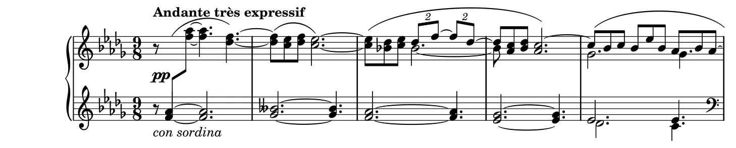 Début de la partition piano du Clair de lune, gravure du Mutopia Project