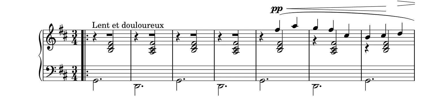 Beginning of the Gymnopédie No. 1 piano sheet music, engraved by the Mutopia Project
