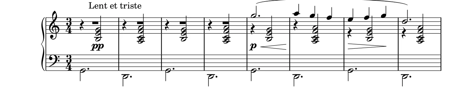 Début de la partition piano de la Gymnopédie n° 2, gravure du Mutopia Project