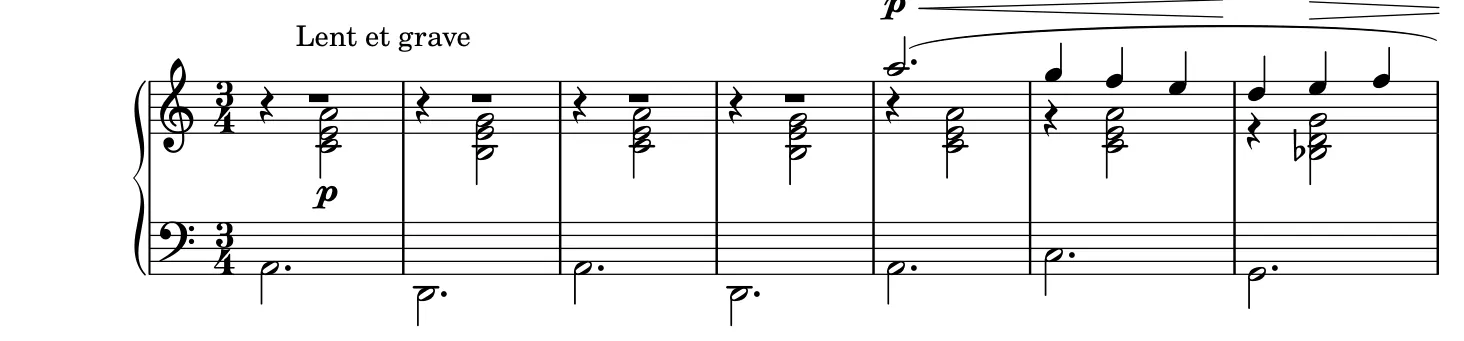 Début de la partition piano de la Gymnopédie n° 3, gravure du Mutopia Project