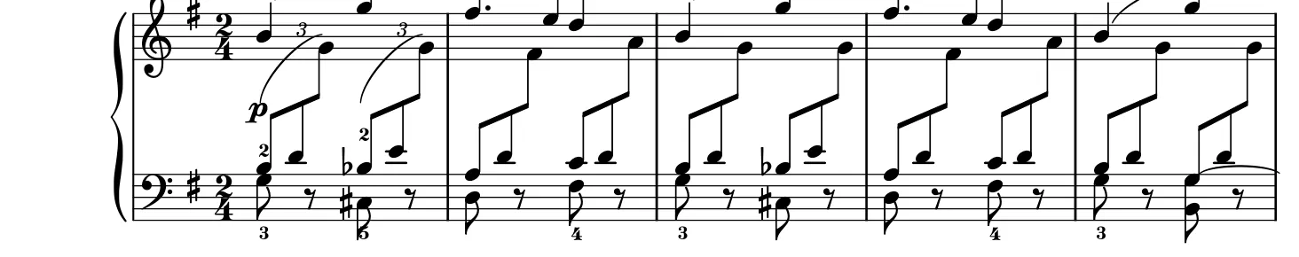 Début de la partition piano de la pièce « Gens et pays lointains », gravure du Mutopia Project