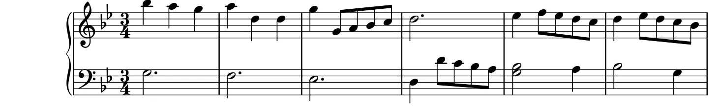Début de la partition piano du Menuet en sol mineur, gravure du Mutopia Project