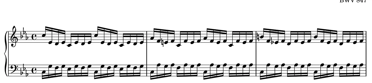 Début de la partition piano du Prélude en do mineur BWV 847, gravure du Mutopia Project
