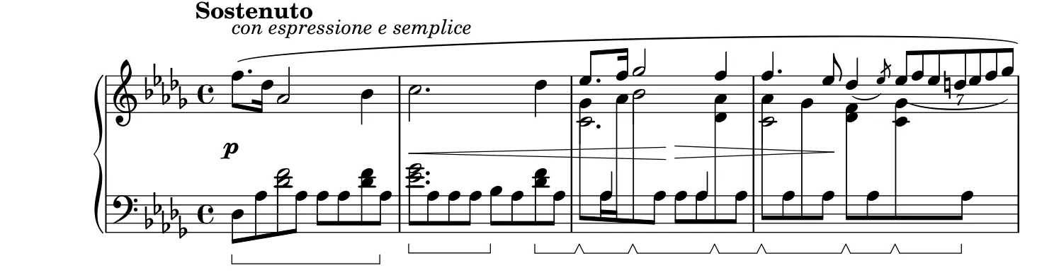 Début de la partition piano du Prélude « La Goutte d’eau », gravure du Mutopia Project