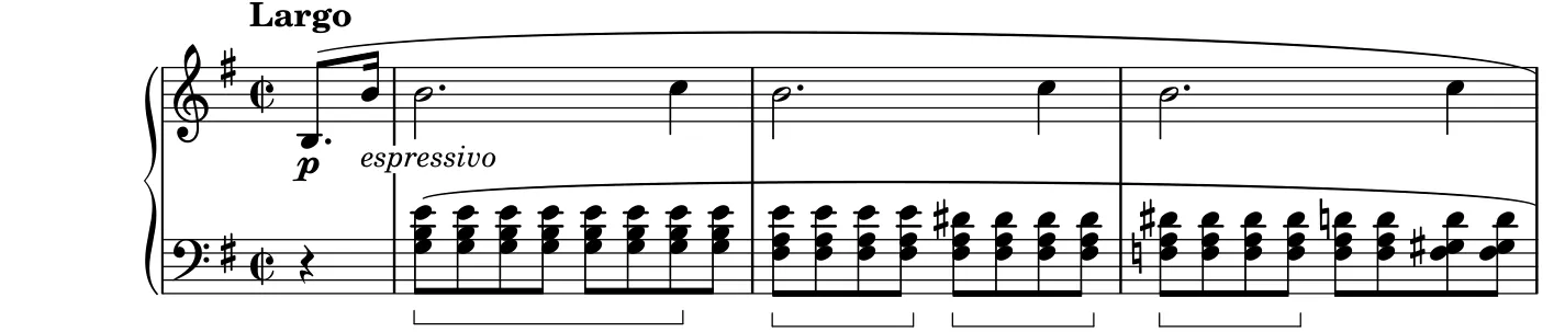Beginning of the Prelude Op. 28 No. 4 in E minor piano sheet music, engraved by the Mutopia Project