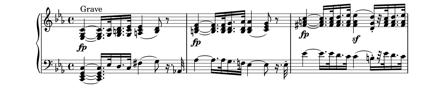 Début de la partition piano du 1er mouvement de la Sonate « Pathétique », gravure du Mutopia Project