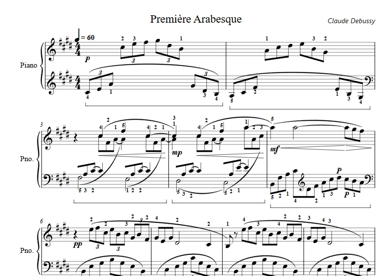 Beginn der ersten Arabeske von Debussy in der Pianovera-Ausgabe, mit Fingersatz