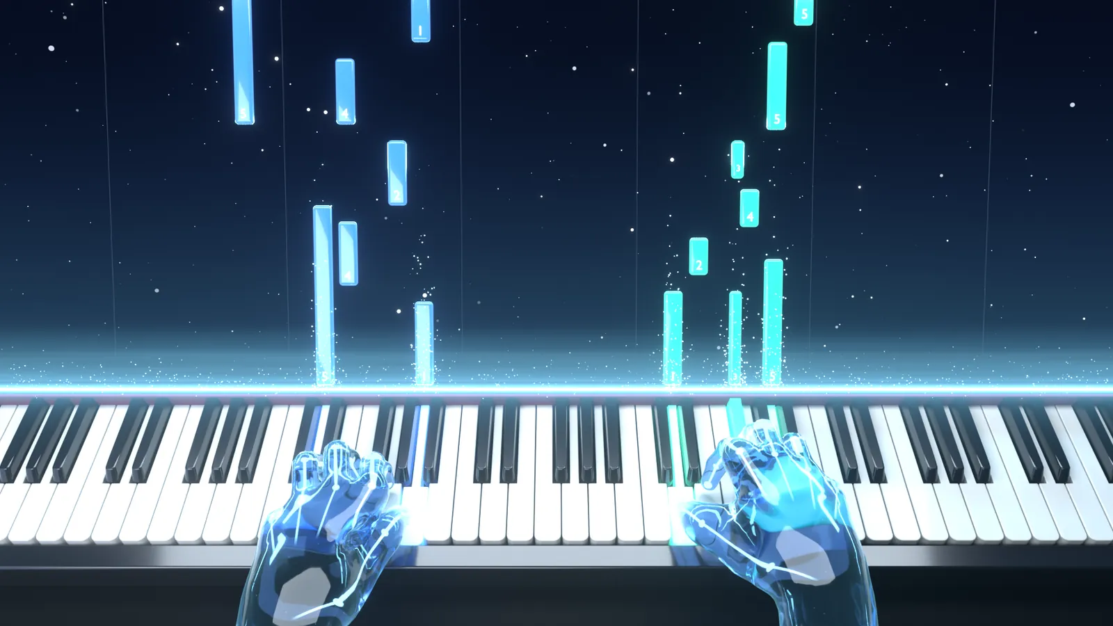 The Constellation style: night glass 3D hands with the fingering drawn inside, playing under blue and aqua falling notes.