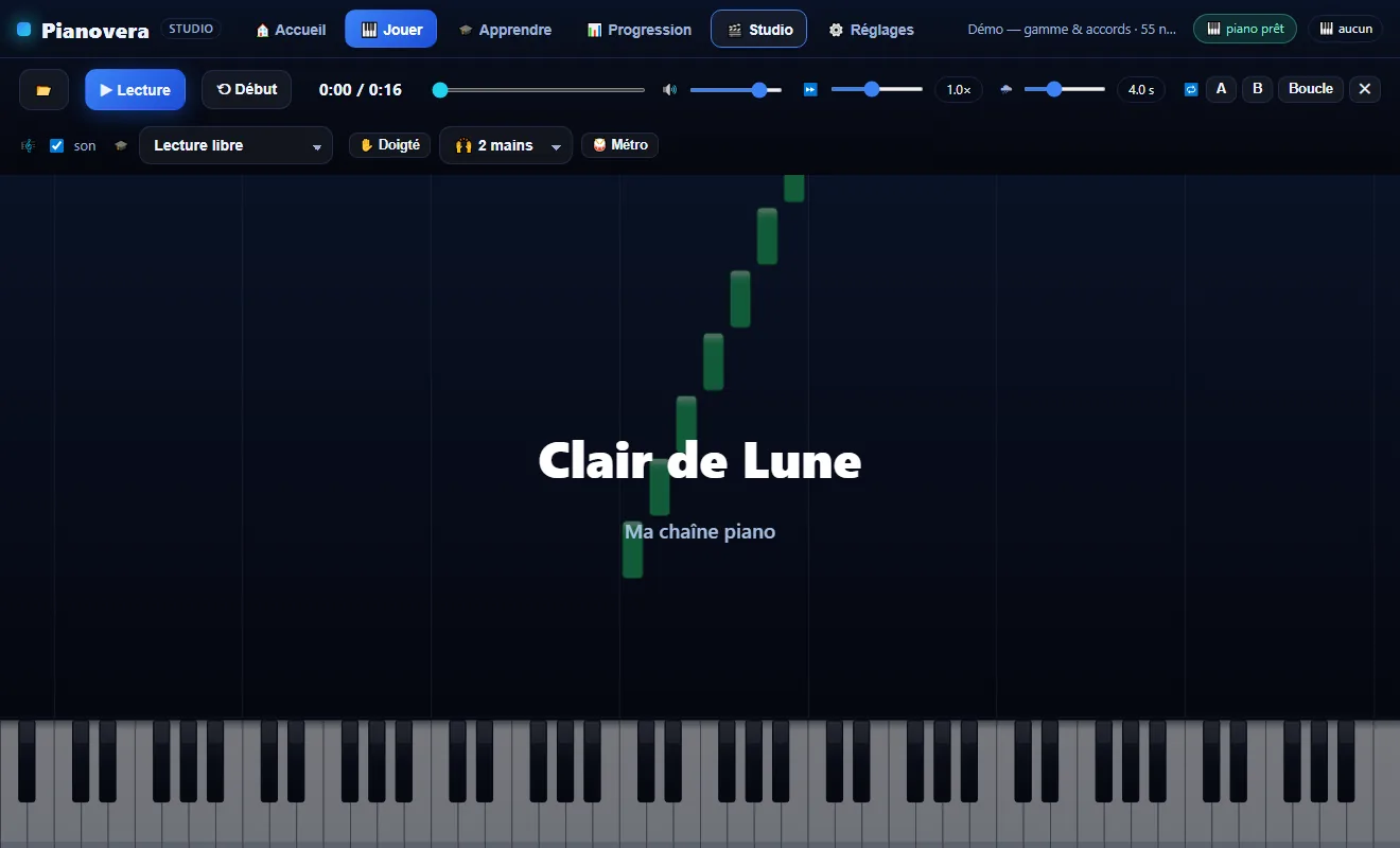 La carte-titre d'une vidéo générée par Pianovera, avec le nom du morceau et une signature de chaîne.